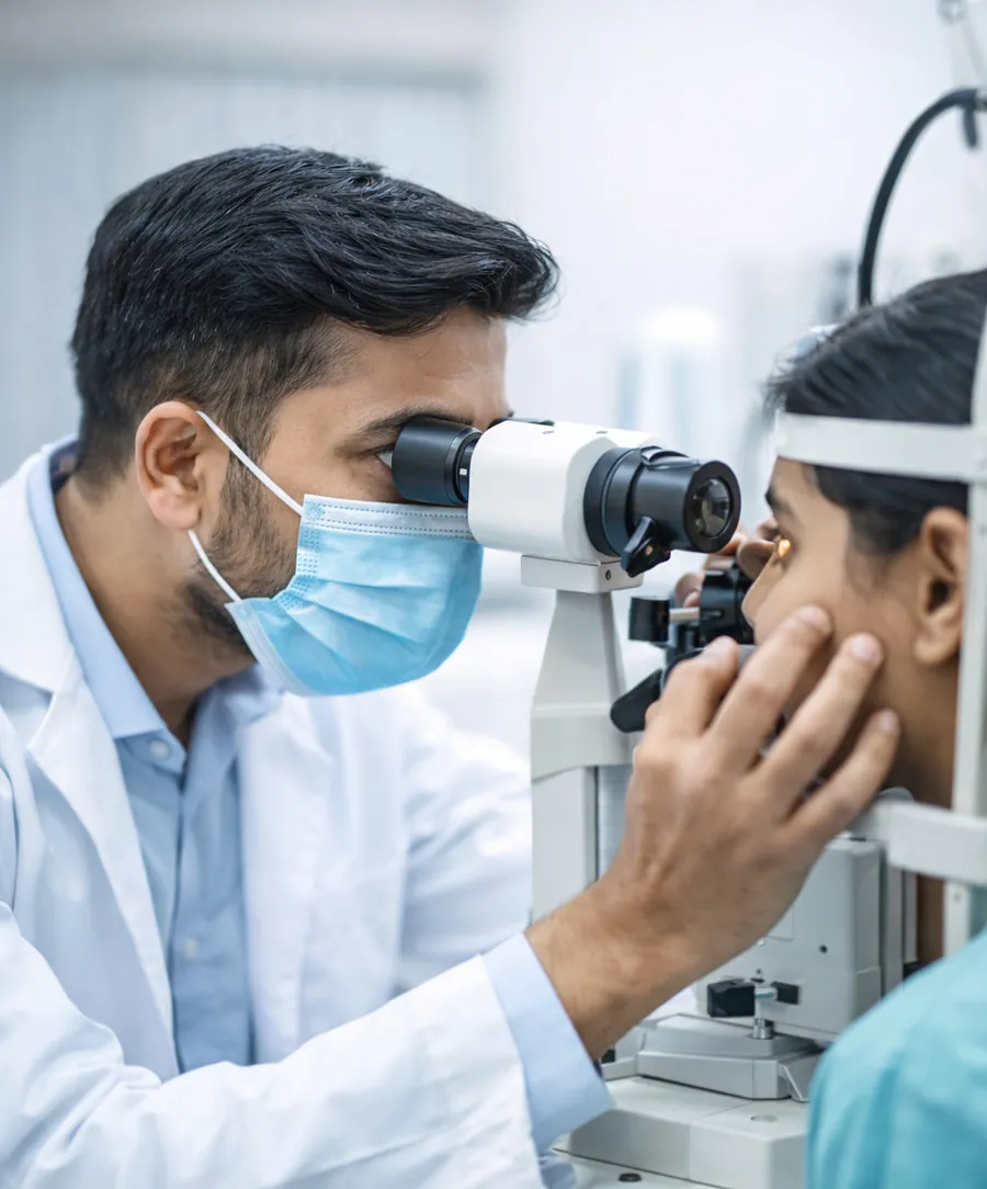 Eye specialist examining a patient at the slit lamp