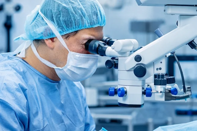 Surgeon operating with a surgical microscope
